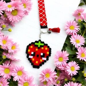 Strawberry Pixel Art Keychain with Red Lanyard